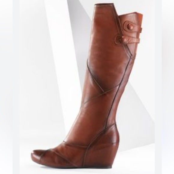 Miz Mooz Women’s 9 Cognac Brown Leather West Wedge Heels Tall Boots - Picture 1 of 9